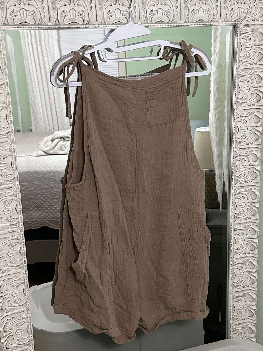 Sleeveless Tie-Shoulder Gauze Romper in Taupe